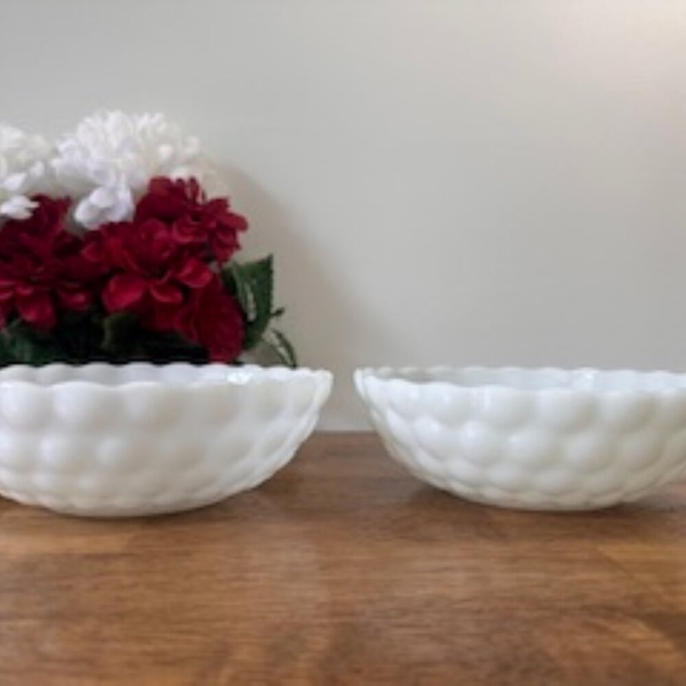 Vintage Milk Glass Bubble Pattern Serving Bowls Opalescent Scalloped Edge Decor